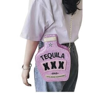 Tequila Bottle Bag Handbag Hot Pink Gold Chain Crossbody Strap New Halloween
